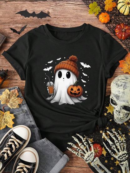 Camiseta de calabaza de Halloween de manga corta y cuello redondo