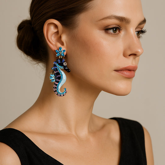 Women Fashion Cute Hippocampus Alloy Rhinestone Earrings