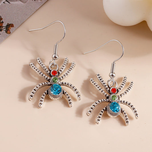 Pendientes colgantes de metal con diseño de araña de Halloween y diamantes de imitación multicolor