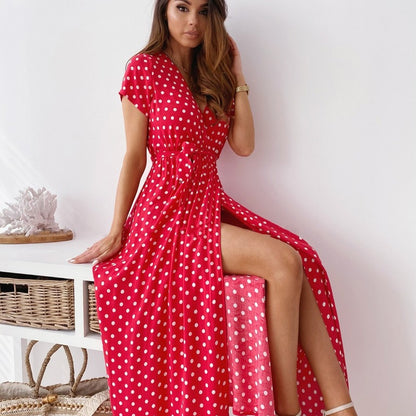 Women Fashion Casual Dot Printed V-Neck Dress