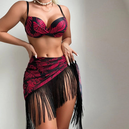 Traje de baño sexy con borlas para mujer, conjunto de tres piezas