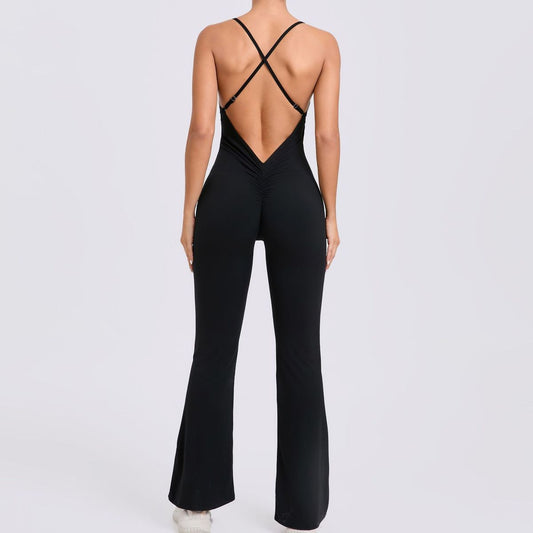 Adjustable Shoulder Strap Flared Yoga Jumpsuits for Women Cotton Blend