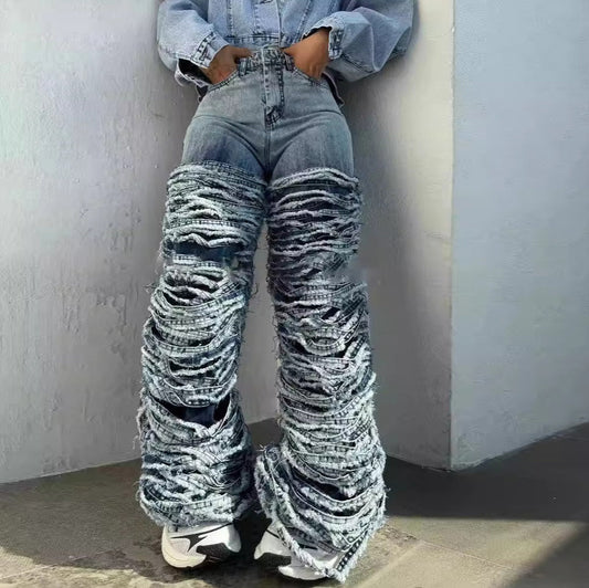 Women Fashion Edge Ripped Jeans Dark Blue Straight Leg Pants