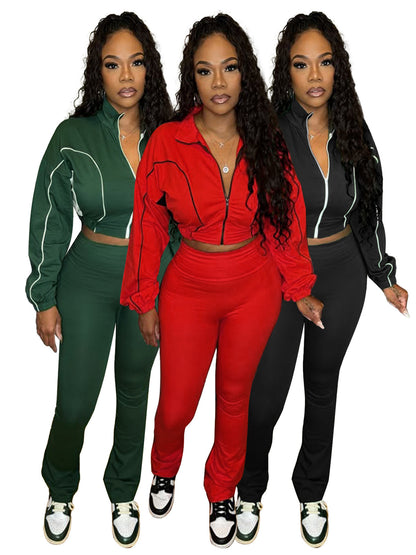 Fashion Women Double Stitching Contrast Color Zipper Crop Top and Wide-Leg Pants Set