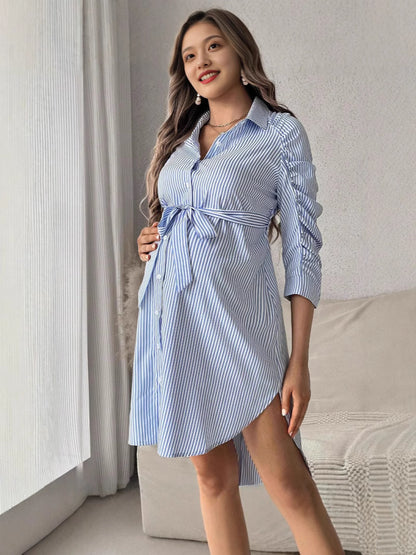 Vestido informal de manga larga con solapa y rayas para embarazadas