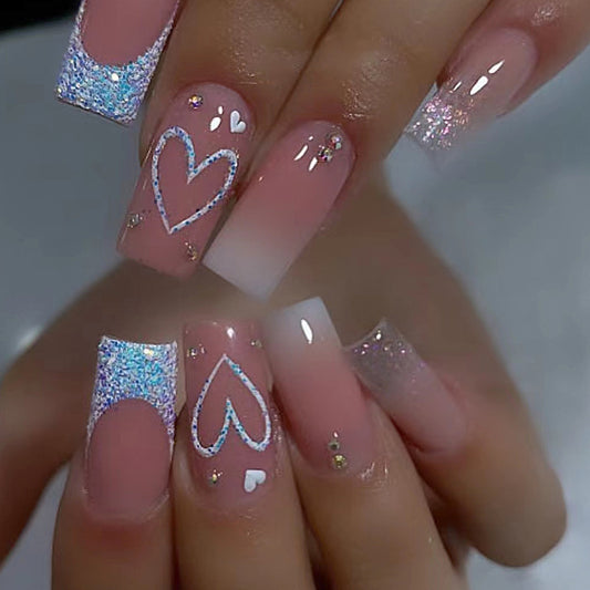 Faux ongles mi-longs carrés et brillants à paillettes, motif cœur blanc dégradé, style French manucure