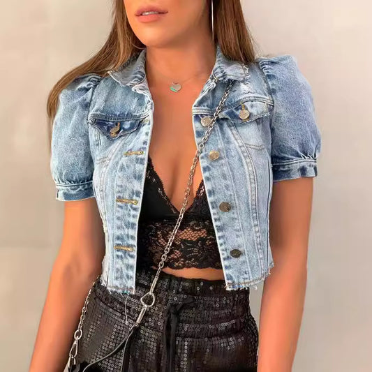 Women Fashion Retro Casual Ripped Bubble Sleeve Denim Jacket