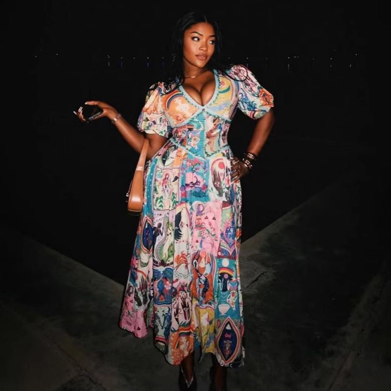 Robe imprimée décontractée à col en V pour femme