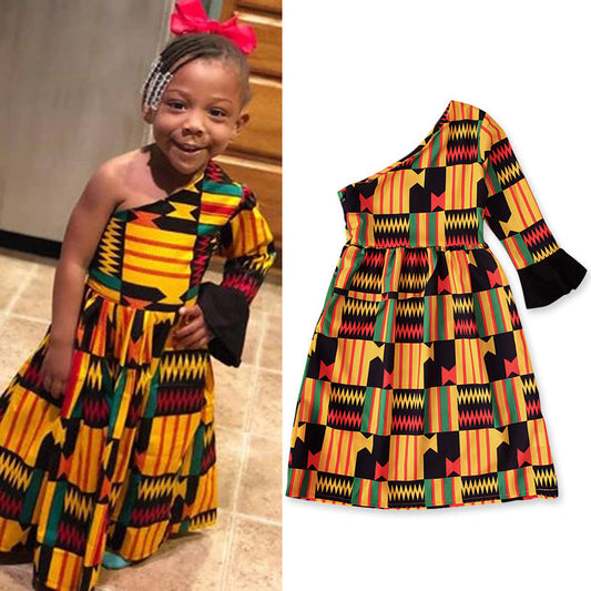 Kids Toddler Girls Casual Color Matching Geometric One-Sleeve Dress
