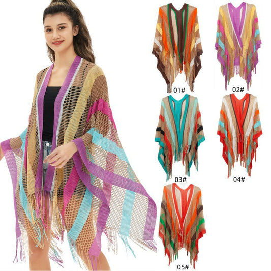 Women's Fashion Stripe Hollow Tassel Cover-Ups