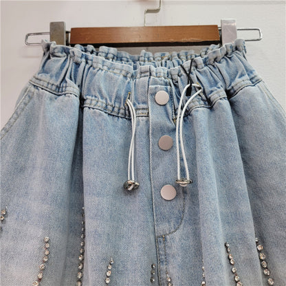 Pantalones cortos vaqueros de cintura alta con cuentas y diamantes de imitación para mujer