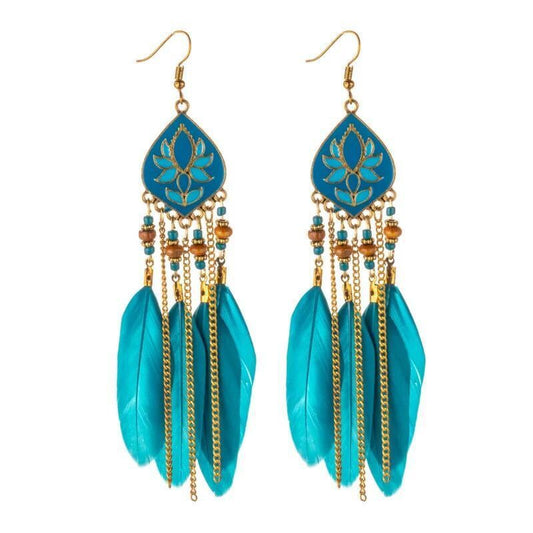 Pendientes bohemios con borlas de plumas y cuentas de flor de loto