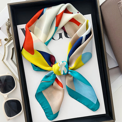 Pañuelo cuadrado de seda estampado a la moda para mujer: elegante accesorio de poliéster