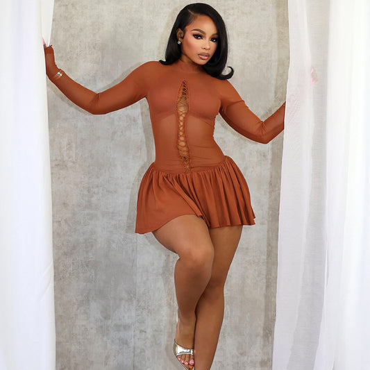 Women Fashion Sexy Solid Color Long Sleeve Dress