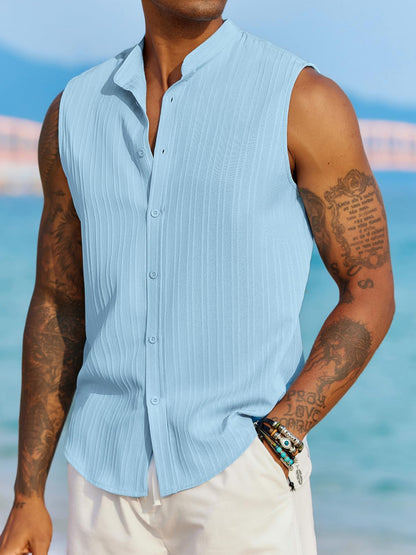 Men's Casual Sleeveless Button-Up Shirt in Solid Colors