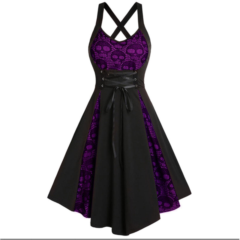 Robe gothique à coutures en dentelle et tête de mort pour femme