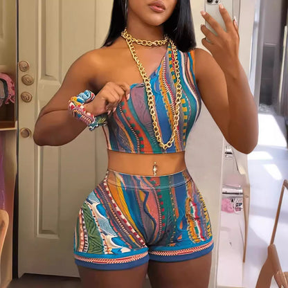 Conjunto de top corto y pantalones cortos de un solo hombro con estampado sexy para mujer
