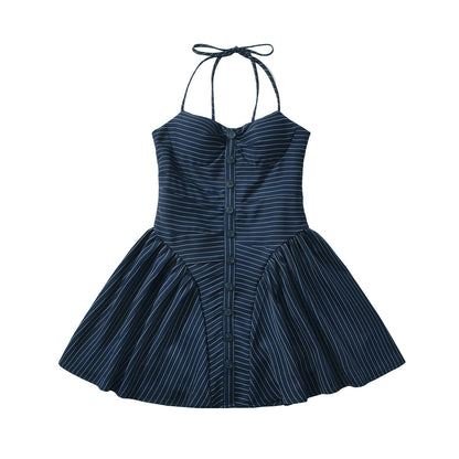 Vestido sexy de rayas con cuello halter para mujer