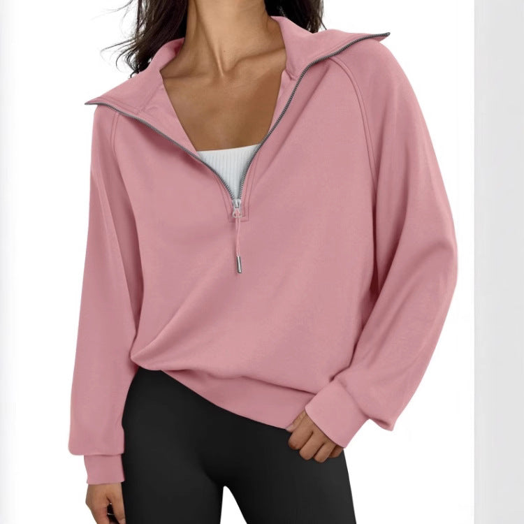 Women Half Zipper Fleece-Lined Solid Color Sweatshirt
