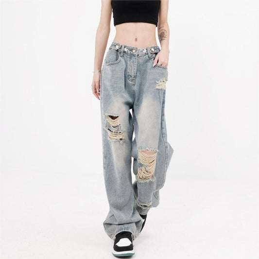 Women Fashion Casual Loose Gradient Ripped Jeans