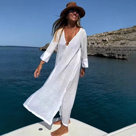 Batas de algodón y lino holgadas e informales a la moda para mujer