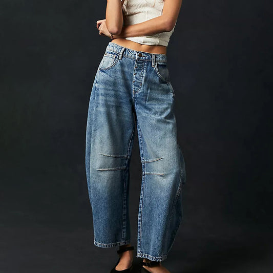 Women Cotton Denim Wide Leg Casual Jeans