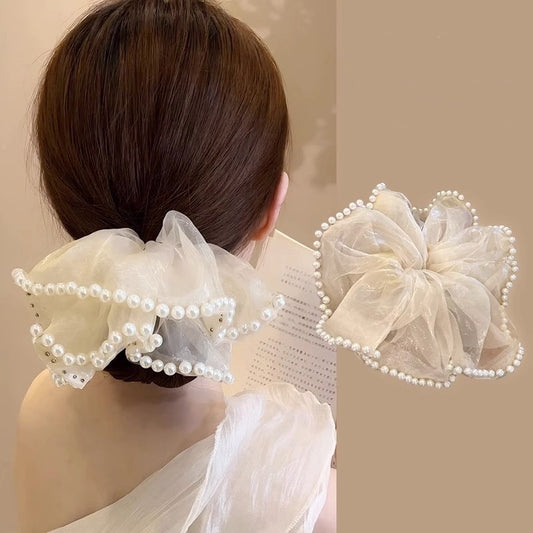 Chouchou élégant surdimensionné en dentelle perlée pour femme