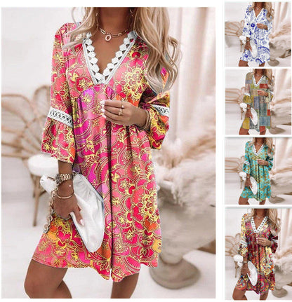 Vestido elegante de primavera bohemio para mujer, de manga larga, cuello en V y encaje con volantes