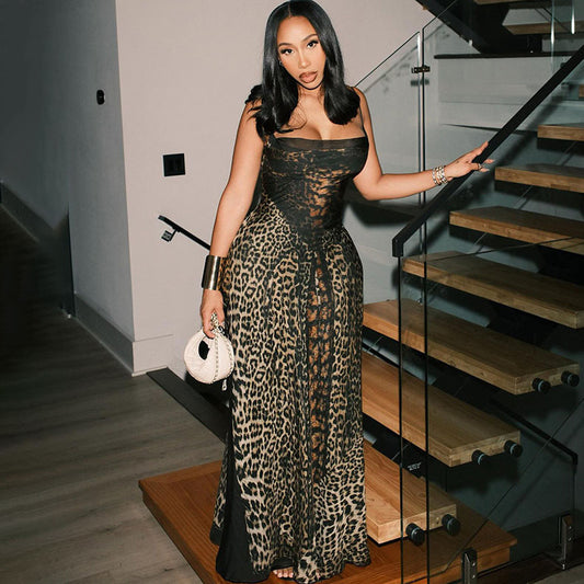 Vestido sexy con tirantes finos y estampado de leopardo para mujer