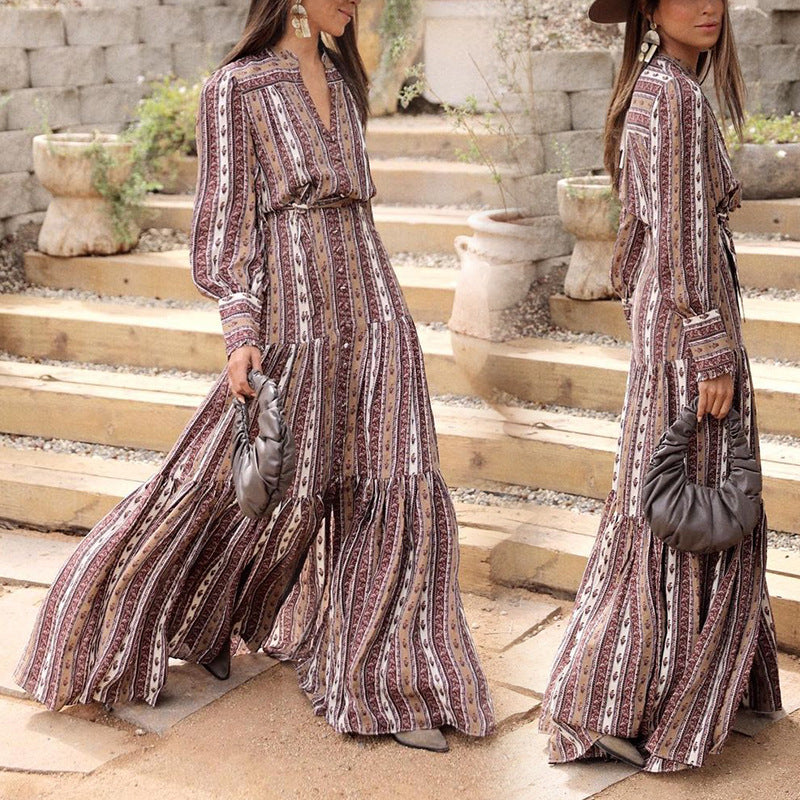 Women Fashion Elegant Boho Printed Long Sleeve Dress