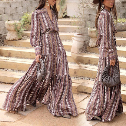 Women Fashion Elegant Boho Printed Long Sleeve Dress