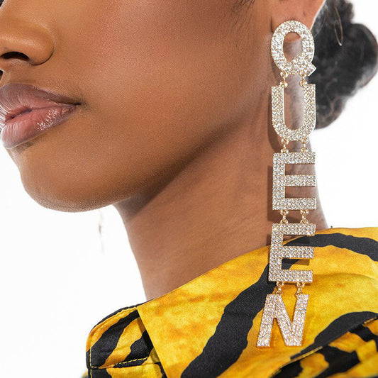 Women Fashion Exaggerated Long Zircon Queen Letter Earrings