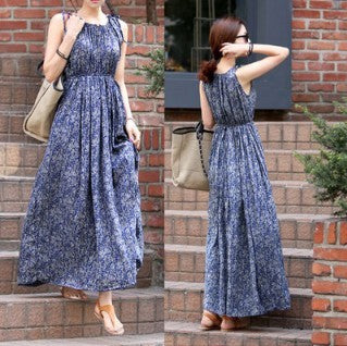 Women Fashion Boho Tiny Floral Printing Sleeveless Maxi Dress