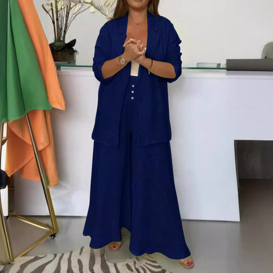 Fashion Cotton And Linen Lapel Cardigan Set