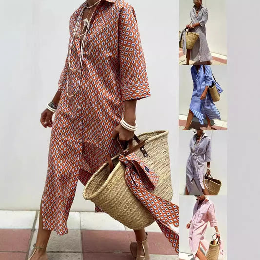 Women Casual Printed Single-Breasted Shirt Dress