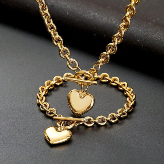 Women Fashion Simple Heart Shaped Necklace Bracelet Set