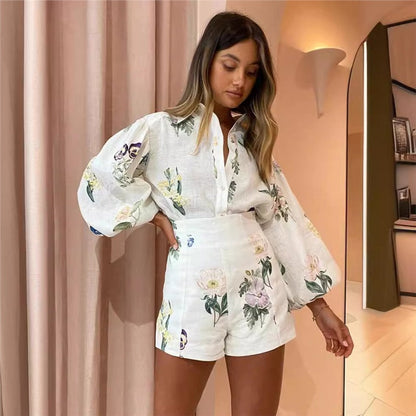 Conjunto elegante de pantalones cortos de cintura alta y lino con estampado floral para mujer