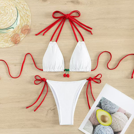 Maillot de bain bikini dos nu sexy à la mode pour femmes, couleur cerise contrastée