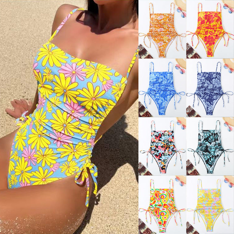 Maillot de bain à cordon de serrage imprimé floral pour femme