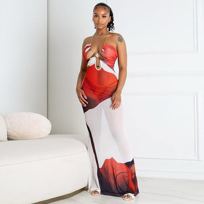 Robe sexy à imprimé floral et chaîne coquillages pour femme