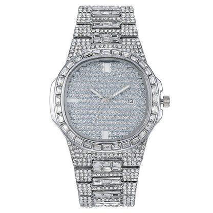 Women Fashion Rhinestone Square Dial Calendar Watch - Metal Strap