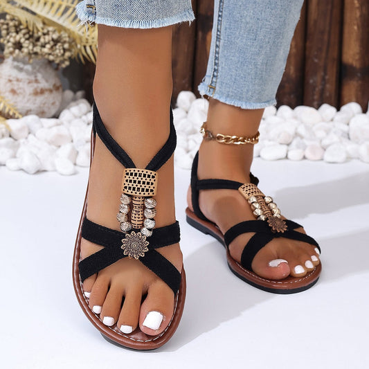 Sandales plates à bout ouvert et perles pour femmes, style décontracté, pour les vacances