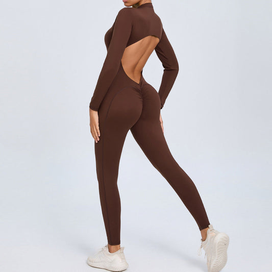 Women Fashion Solid Color Zipper Long-Sleeve Yoga Jumpsuit