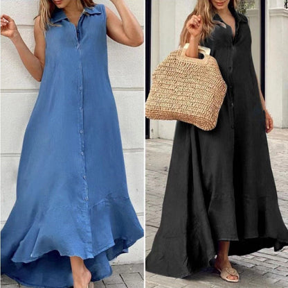 Vestido largo informal sin mangas con solapa para mujer