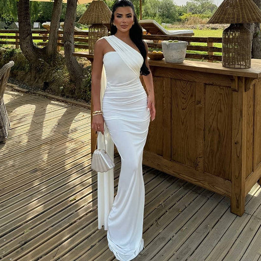 Women Elegant Solid Color Neck Bodycon Maxi Dress