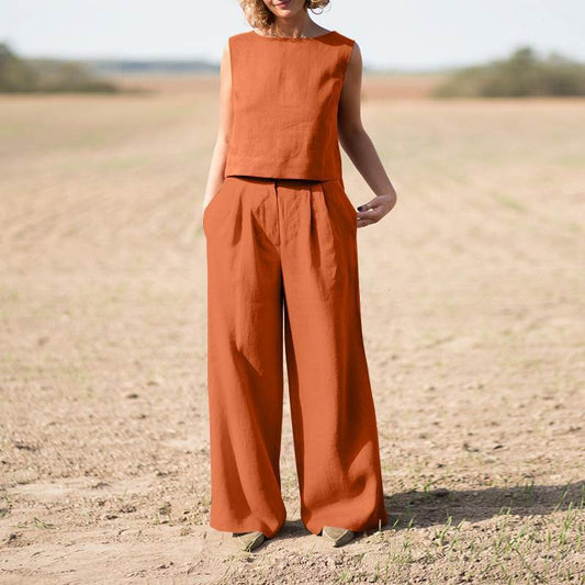 Ensemble décontracté vintage en coton et lin pour femme