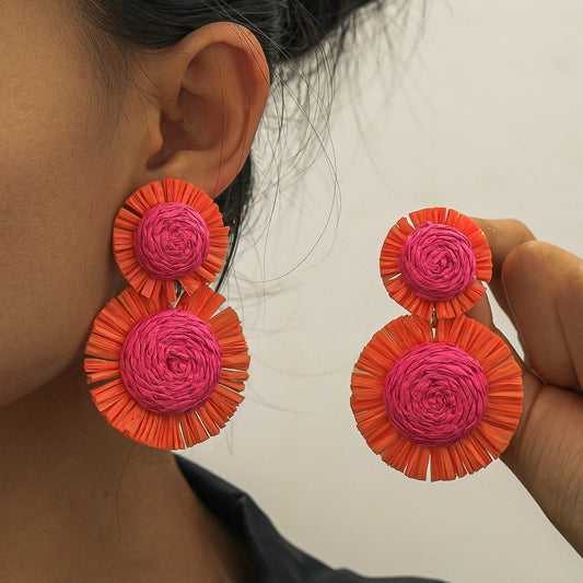Bohemian Casual Holiday Multicolor Raffia Sunflower Earrings