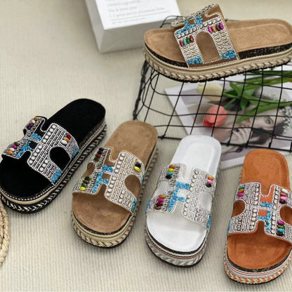 Pantuflas informales tejidas con diamantes de imitación a la moda para mujer
