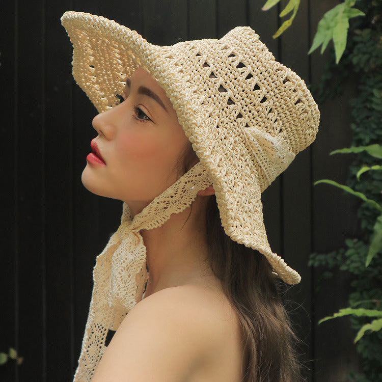 Sombrero de paja tejido con correa de encaje para mujer