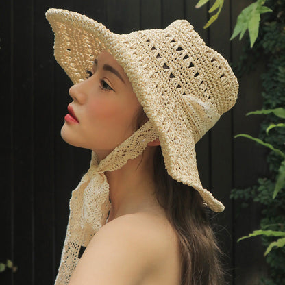 Sombrero de paja tejido con correa de encaje para mujer